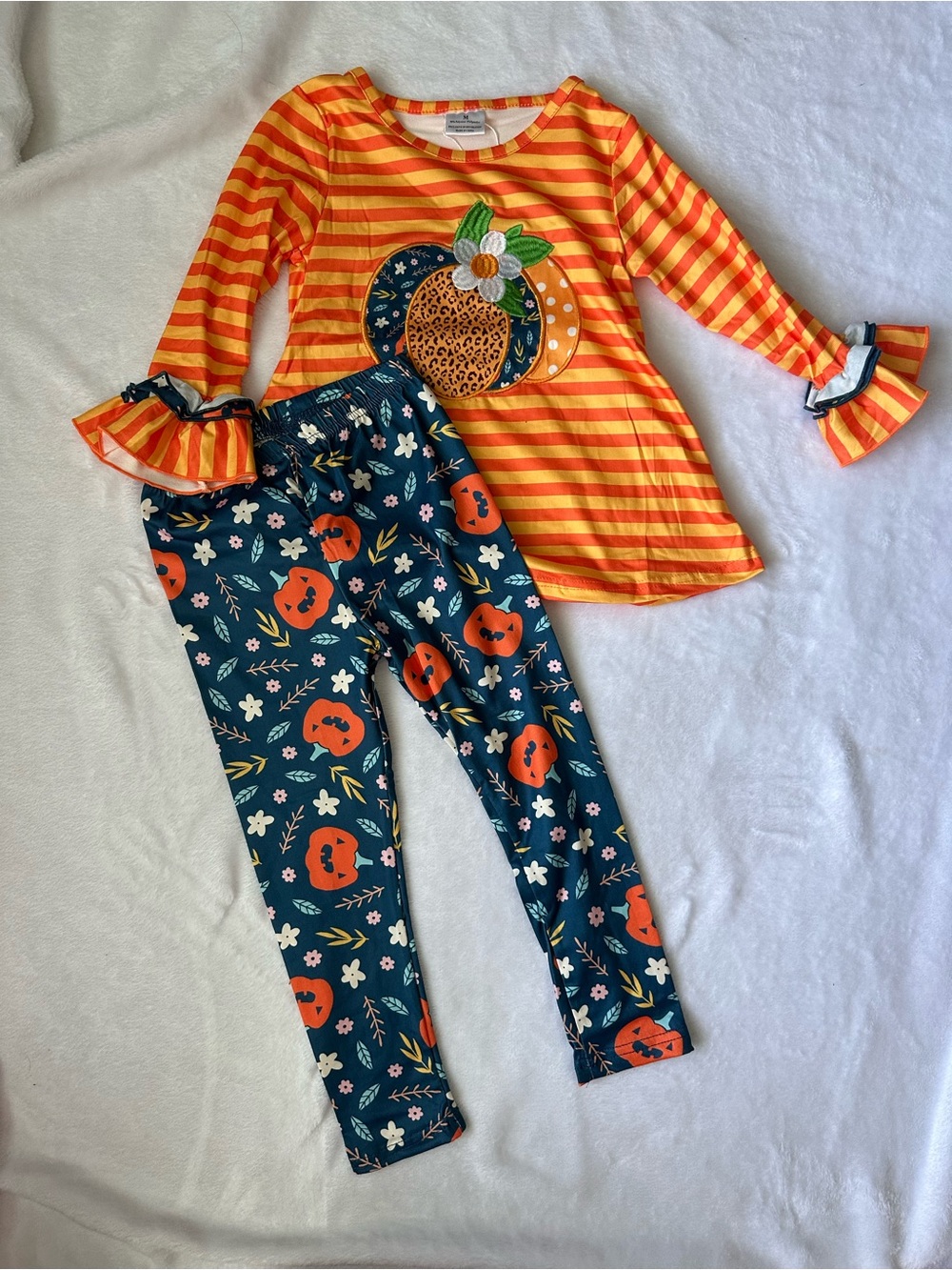 NWT Orange Striped Pumpkin Top & Navy Pumpkin Leggings Kids Set